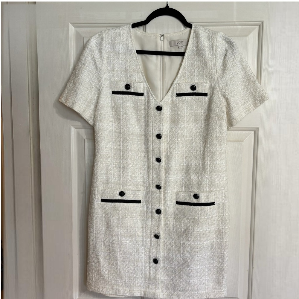 LOFT Tweed Dress Women 8 White Shift V-Neck Button Front Short Sleeve Trim